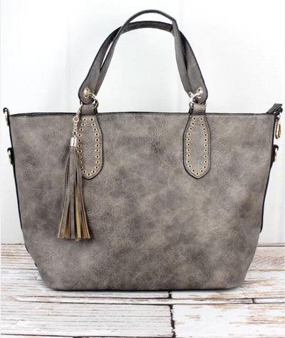 Faux leather eyelet accented tote with tassel - gray - feelingchicboutique