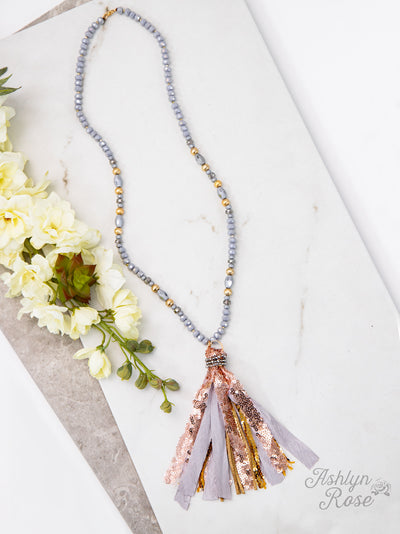 The Perfect Beaded Tassel Necklace, Light Grey - feelingchicboutique