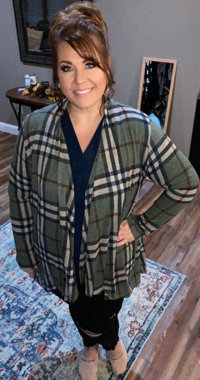 Olive Plaid Print Open Front Cardigan with Brown Suede Elbow Patch - feelingchicboutique