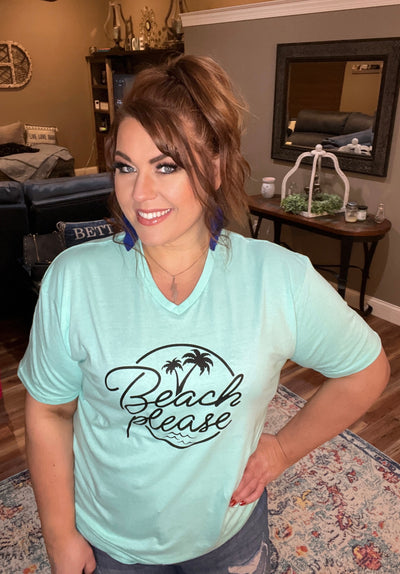 Mint & Black Beach Please printed T-Shirt Round or V Neck - feelingchicboutique