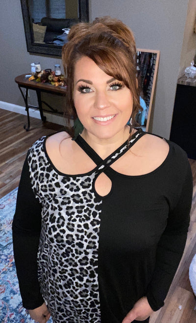 Leopard Animal Print Black Color Block Cut out Cross Neck Detail Knit Top - feelingchicboutique