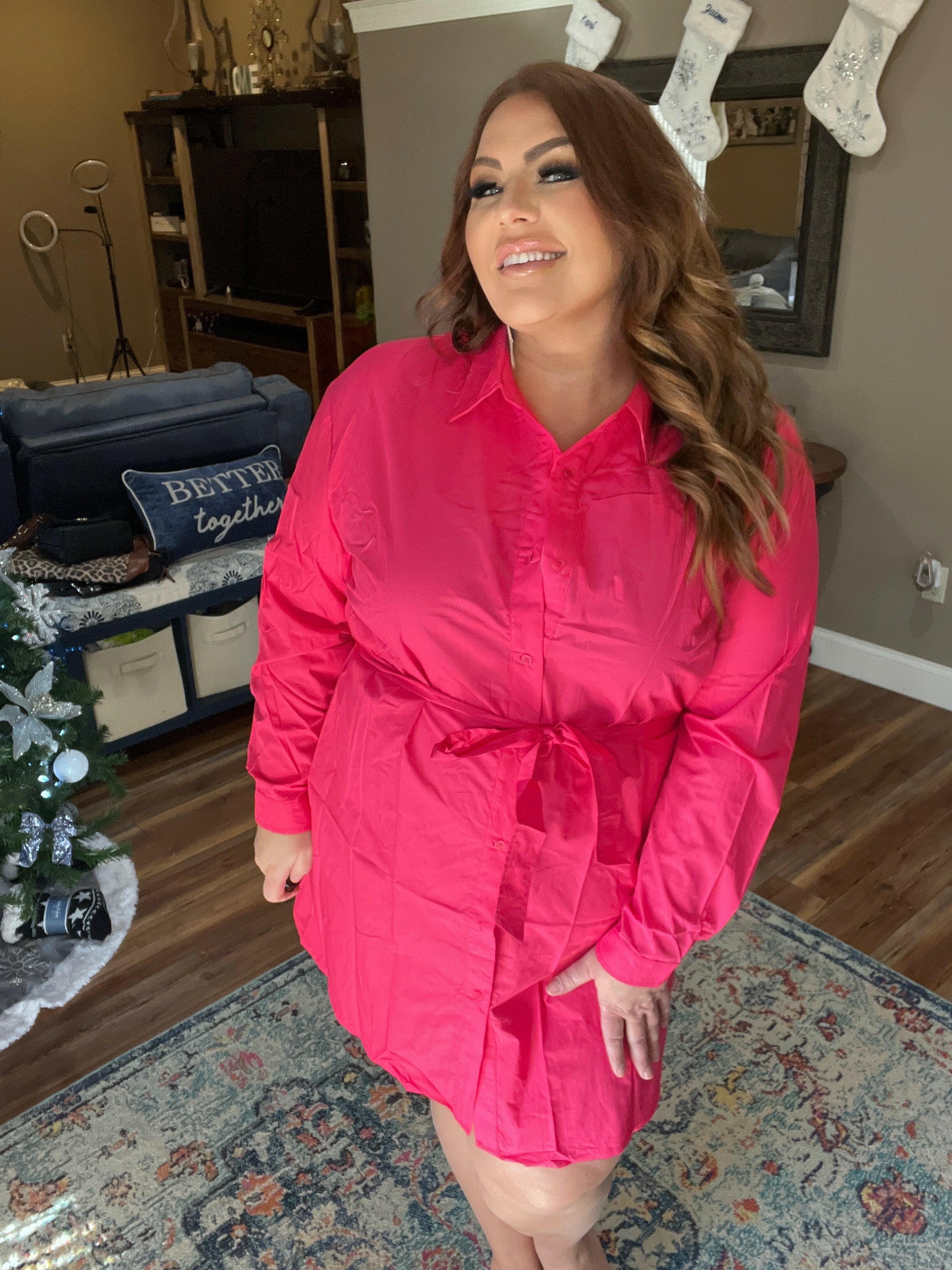 Hot Pink Tie Front Shirt Dress