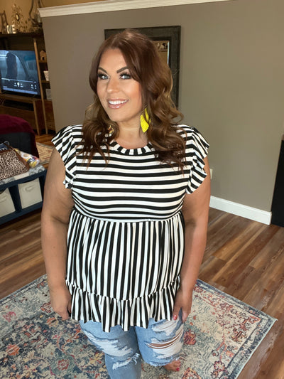 Black and White Stripe Round Neck Ruffle Frill Knit Top - feelingchicboutique