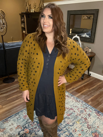 Mustard Dalmatian Hand Stamped Long Open Front Cardigan Sweater with Pockets - feelingchicboutique