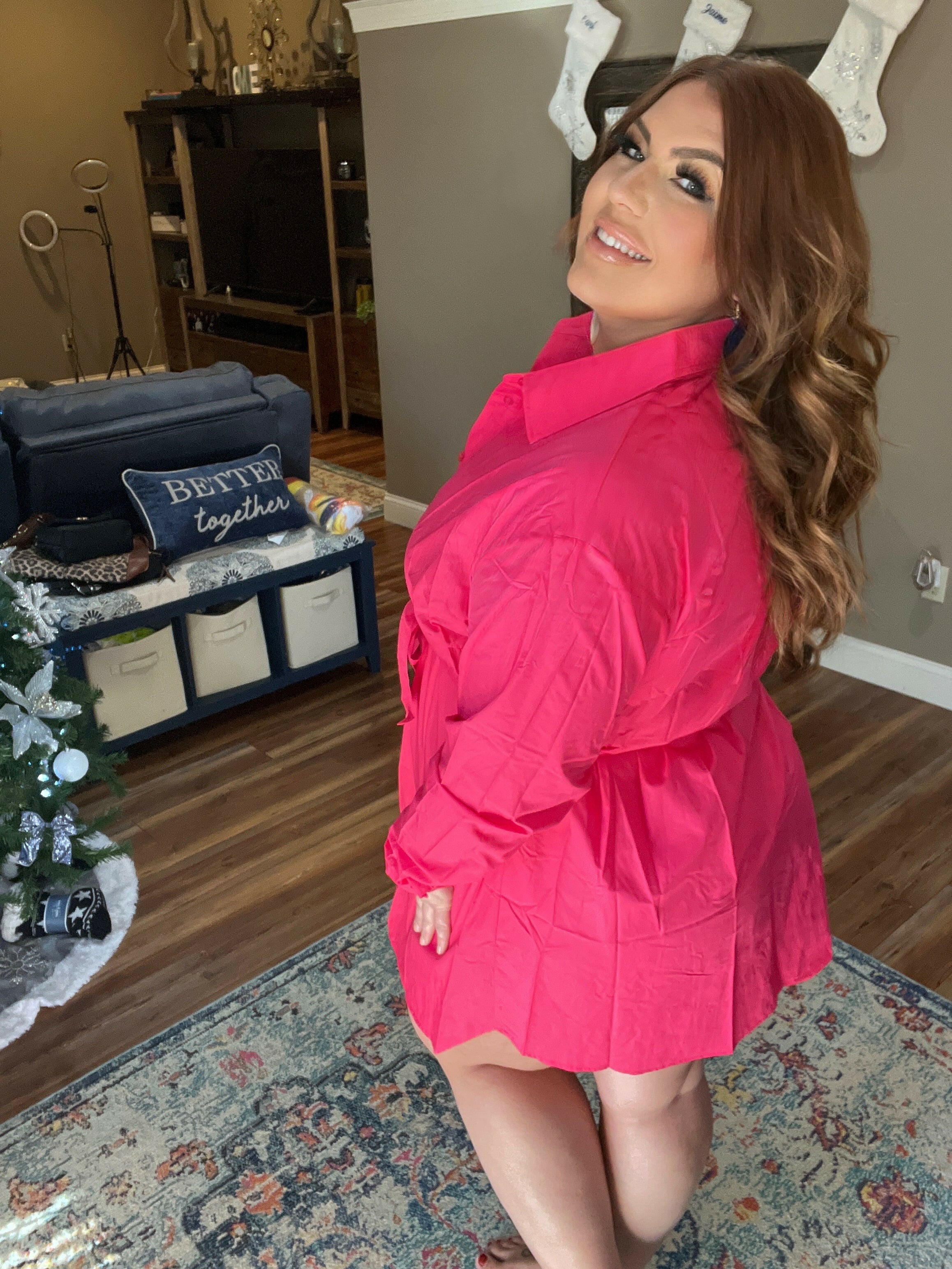 hot pink shirt dress Hot Pink Tie Front Shirt Dress