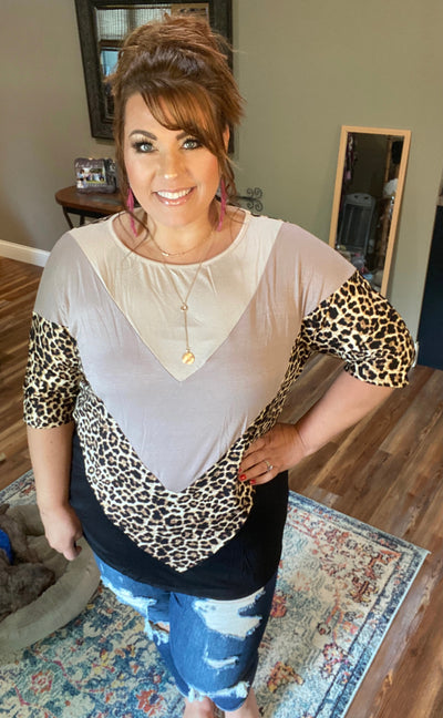 Leopard Color Block Dolman Sleeve Round Neck Top - feelingchicboutique