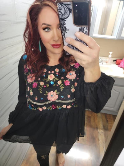 Black floral embroidery long sleeve babydoll sheer top - feelingchicboutique