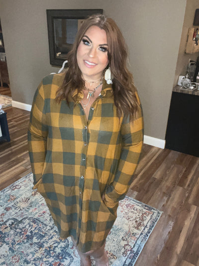 Mustard Plaid Button Down Dress with Pockets - feelingchicboutique