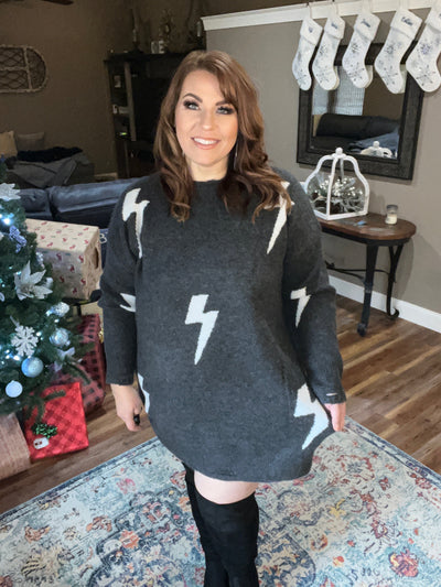 Lightning Bolt Sweater Knit Pullover Charcoal Dress - feelingchicboutique
