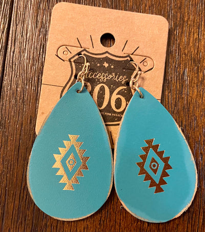 Turquoise Leather Teardrop with embossed gold aztec pattern on gold hook earring - feelingchicboutique