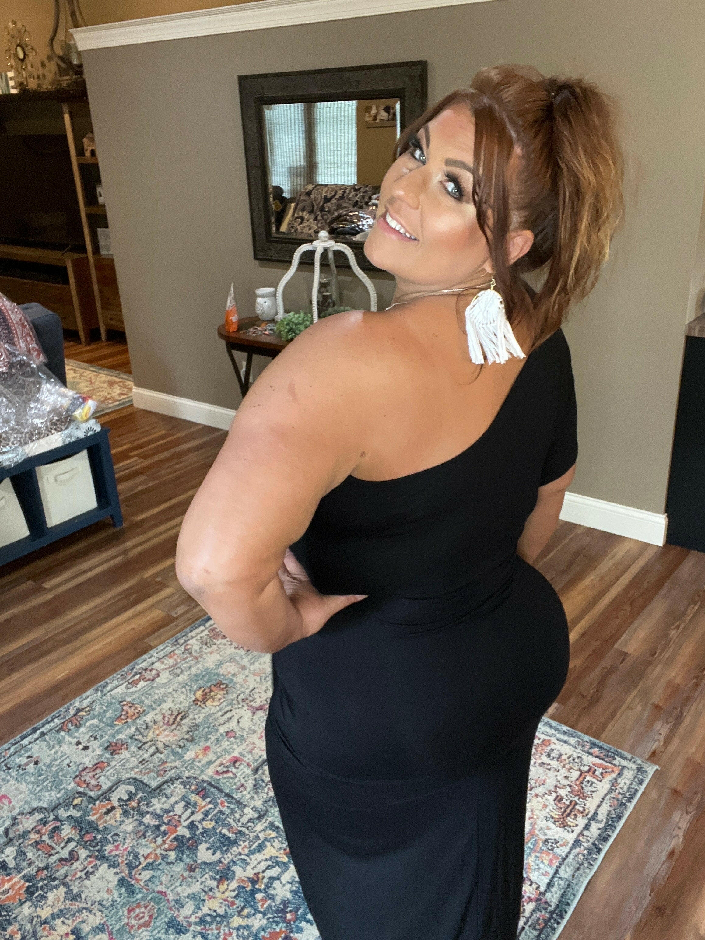open lace back dress Black One Shoulder Dolman Sleeve drape detail dress