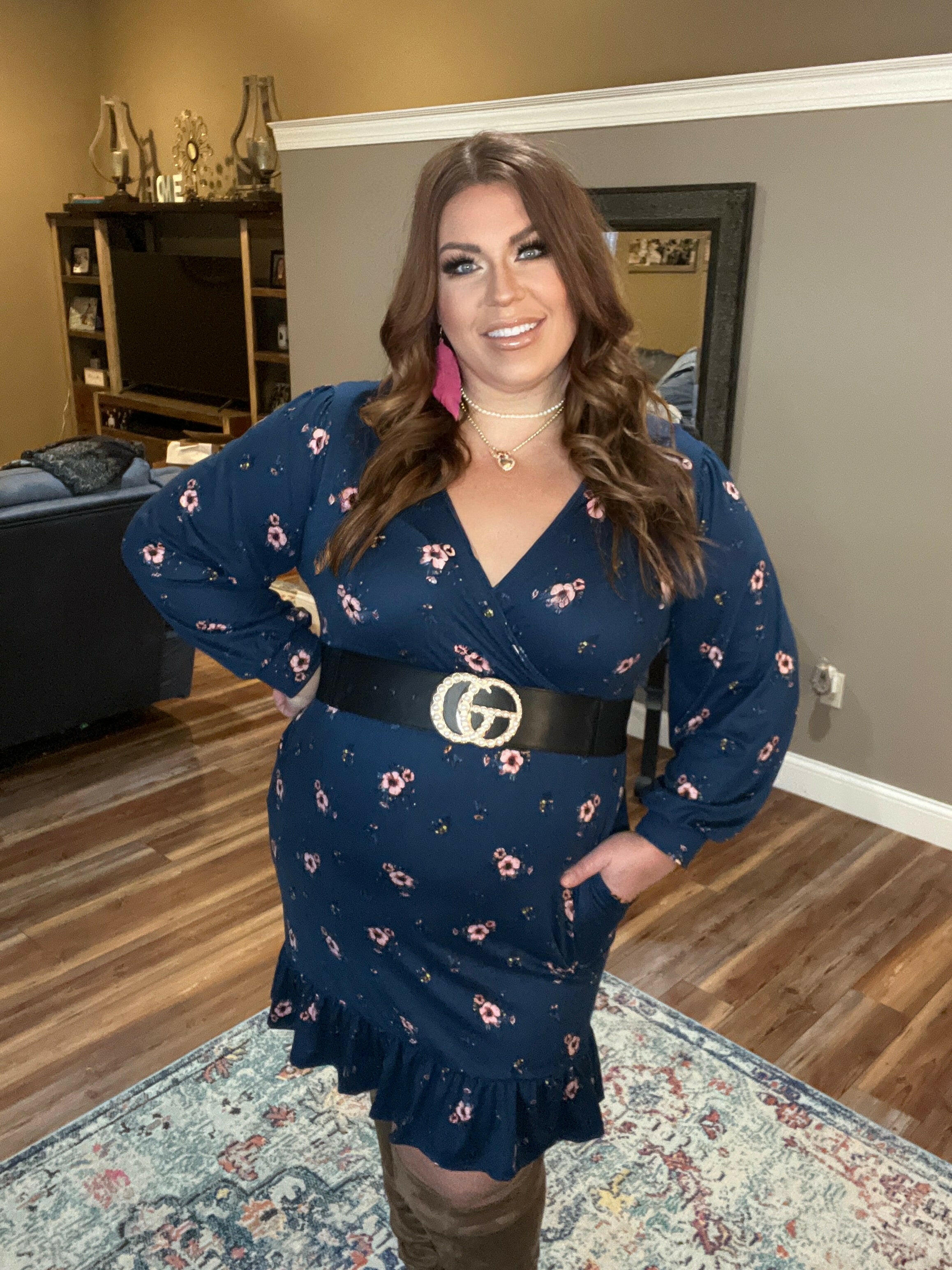Navy Surplice Floral Print Bubble Long Sleeve Fit and Flare Dress