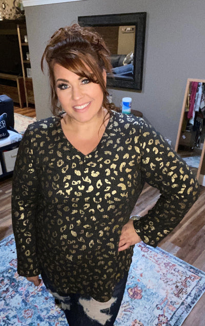 Charcoal & Gold Animal print V-neck top - feelingchicboutique