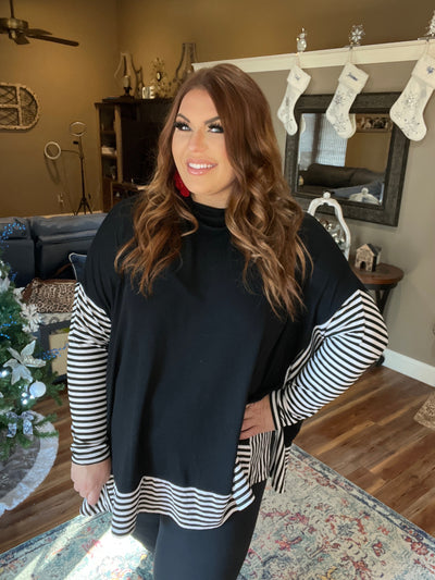 Black Oversized Cape Sweater Top with striped contrast - feelingchicboutique