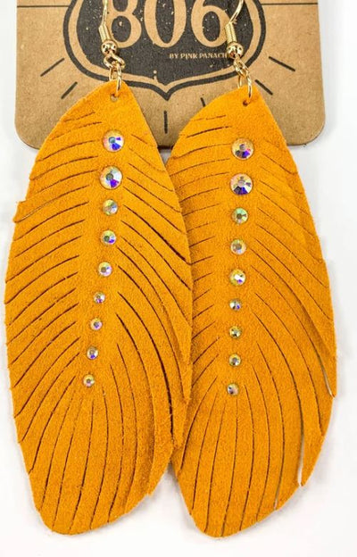 Mustard Suede Feather Earrings with rhinestones - feelingchicboutique