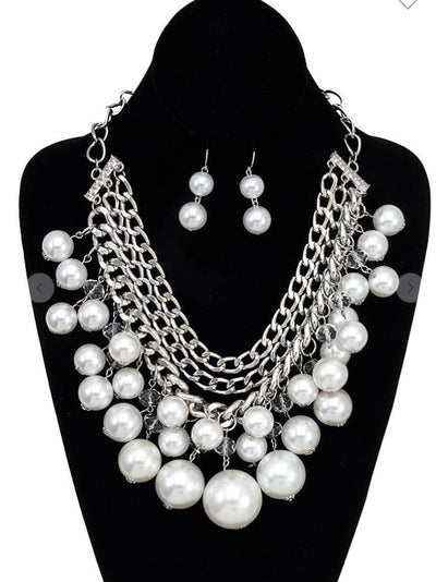 Silver Multi Layered Pearl Bib Necklace Set - feelingchicboutique