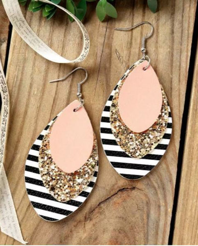 Multi-Layered Sequined Striped Leather Earrings - Pink - feelingchicboutique