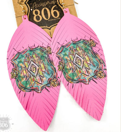 Pink Leather Feather Earrings with Aztec Shield Print - feelingchicboutique