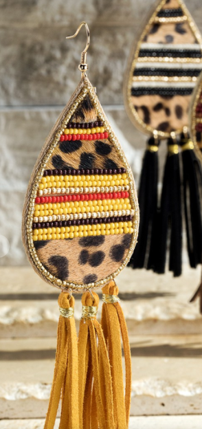 Seed Bead and Tassel Leopard Earrings in Black or Mustard - feelingchicboutique