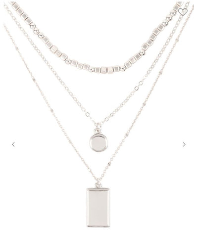 Silver Square Round Pendant Layered Mix Chain Necklace - feelingchicboutique