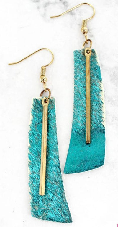 Turquoise Cowhide & Goldtone Curved Bar Earrings - feelingchicboutique