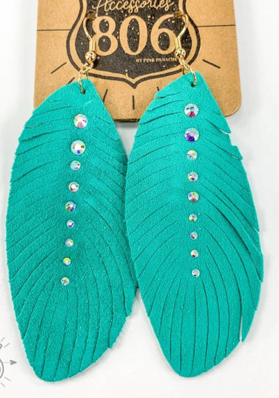 Turquoise Suede Feather Earrings with rhinestones - feelingchicboutique