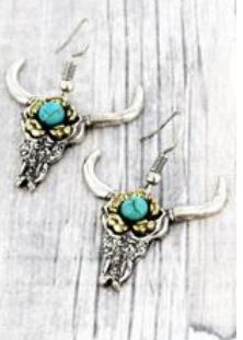 Burnished Two-Tone and Turquoise Flower Etched Longhorn Earrings - feelingchicboutique
