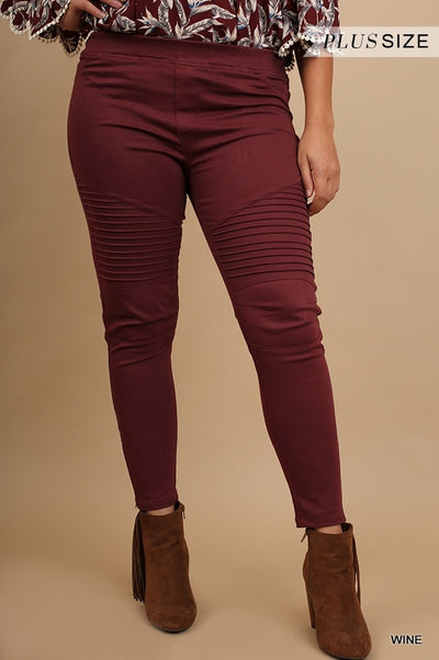 Washed Moto Jeggings with Pintuck and Zipper Detail - Wine - feelingchicboutique