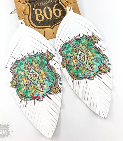White Leather Feather Earrings with Aztec Shield Print - feelingchicboutique